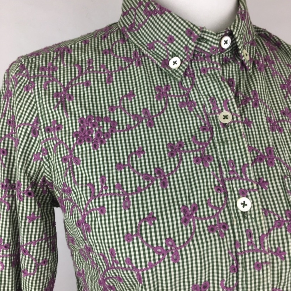 Anthropologie Odille Eyelet Embroidered Checkered Button Down Long Sleeve Shirt - Picture 2 of 7